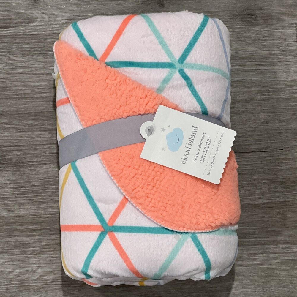 Cloud Island Plush Velboa Baby Blanket Neon Orange Green Geometric Design New